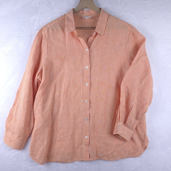J Jill Orange White Striped 100% Linen Button Up Top Womens L Petite Lightweight - Picture 1 of 5